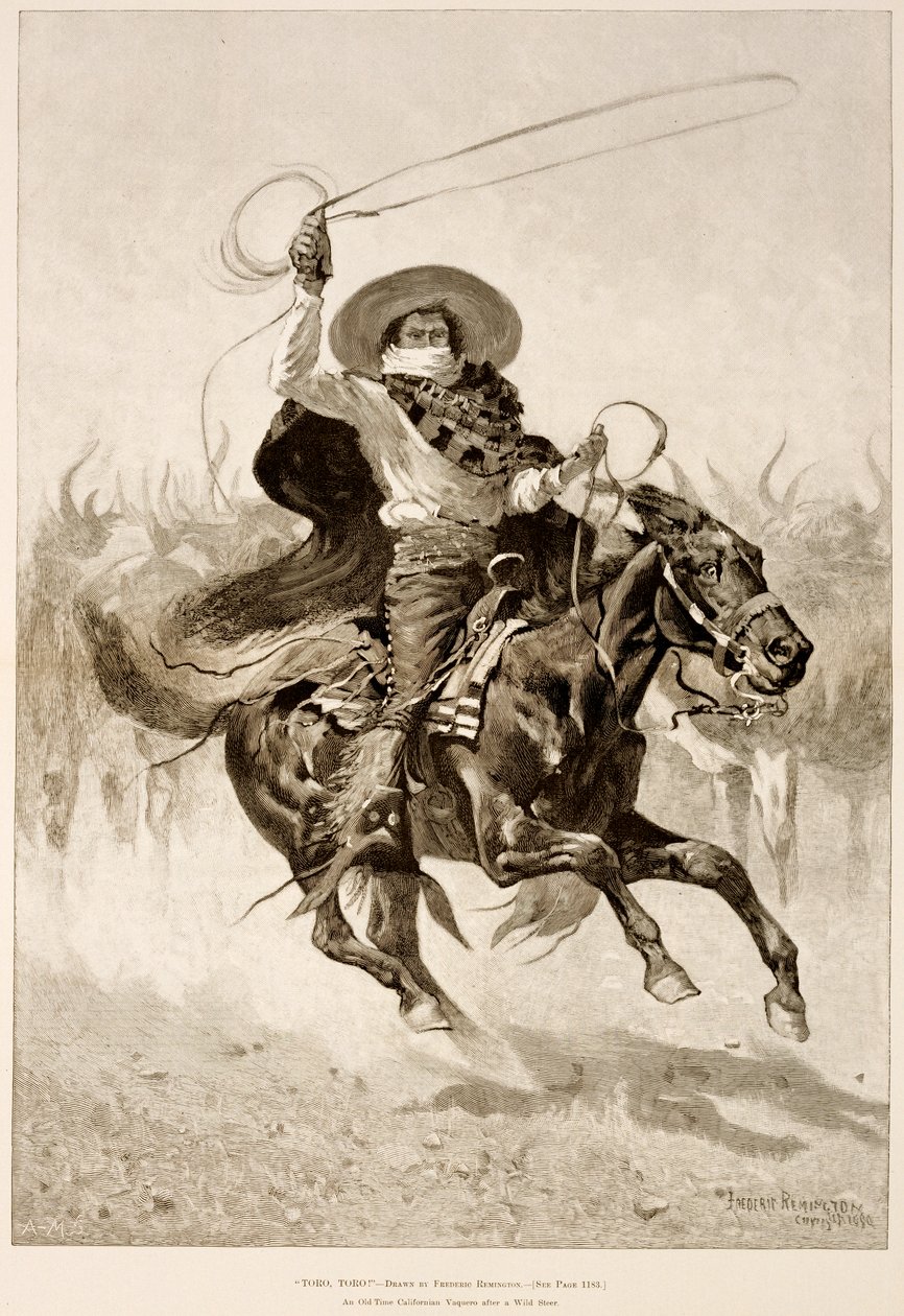 ¡Toro, Toro!, un vaquero californiano antiguo tras un toro salvaje de Frederic Remington