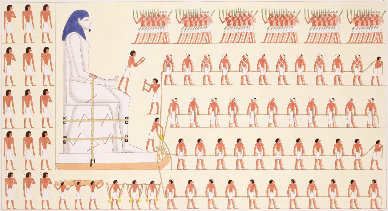 Una pintura mural en Beni Hasan que representa el traslado de una estatua colosal de un faraón (litografía en color) de Frederic (after) Cailliaud