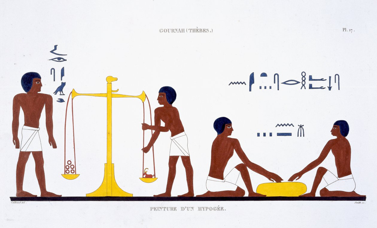Rituales de la muerte (tema poco claro), de un raro registro de frescos de Tebas, registrado en 1819-1822 en su segunda visita a Egipto por Frederic Cailliaud (1787-1869) (litografía en color) de Frederic (after) Cailliaud