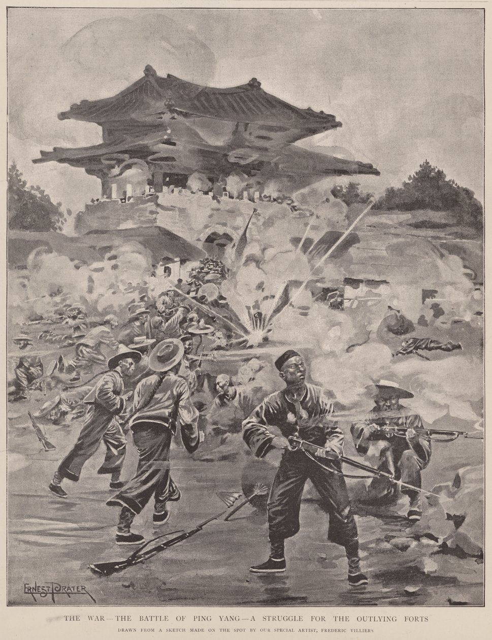 La guerra, la batalla de Ping Yang, una lucha por los fuertes periféricos (litografía) de Frederic (after) Villiers
