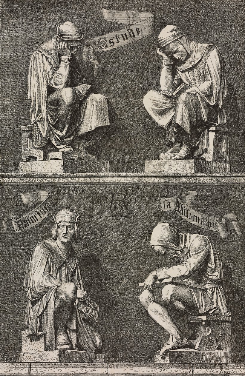 Alegoría del Estudio, figuras decorativas en la base de la estatua de Martin Schongauer creada por Auguste Bartholdi (1834-1904) para el convento de Unterlinden, Colmar, Francia. de Frederic Auguste Bartholdi