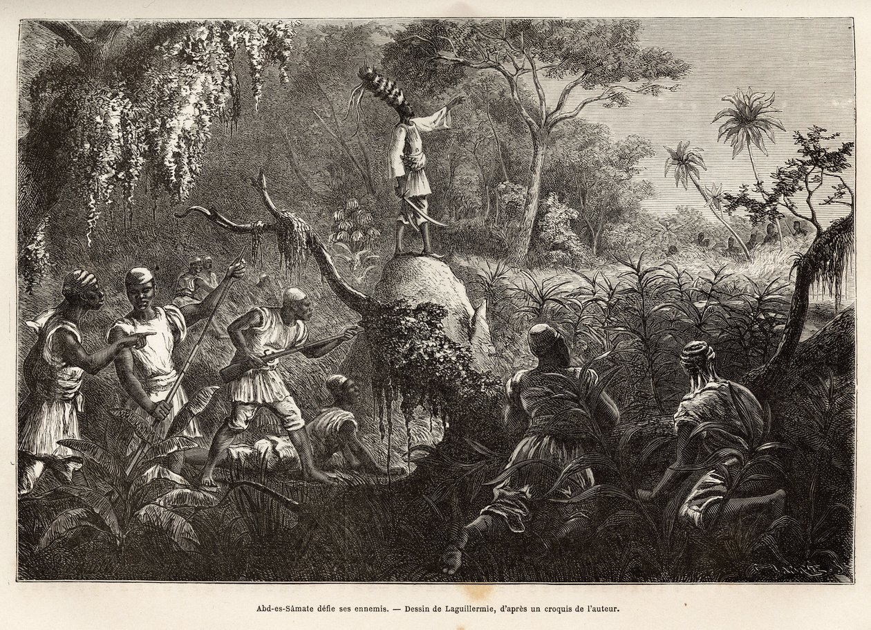 Abd es Samate, amigo y teniente de Mounza, rey de los Mombuttous, desafía a sus enemigos los Zandes (o niam niam) que les declararon la guerra, grabado después del dibujo de Laguillermie, ilustrando un viaje al corazón de África, en 1868-1871, por el Dr. G de Frederic Auguste Laguillermie