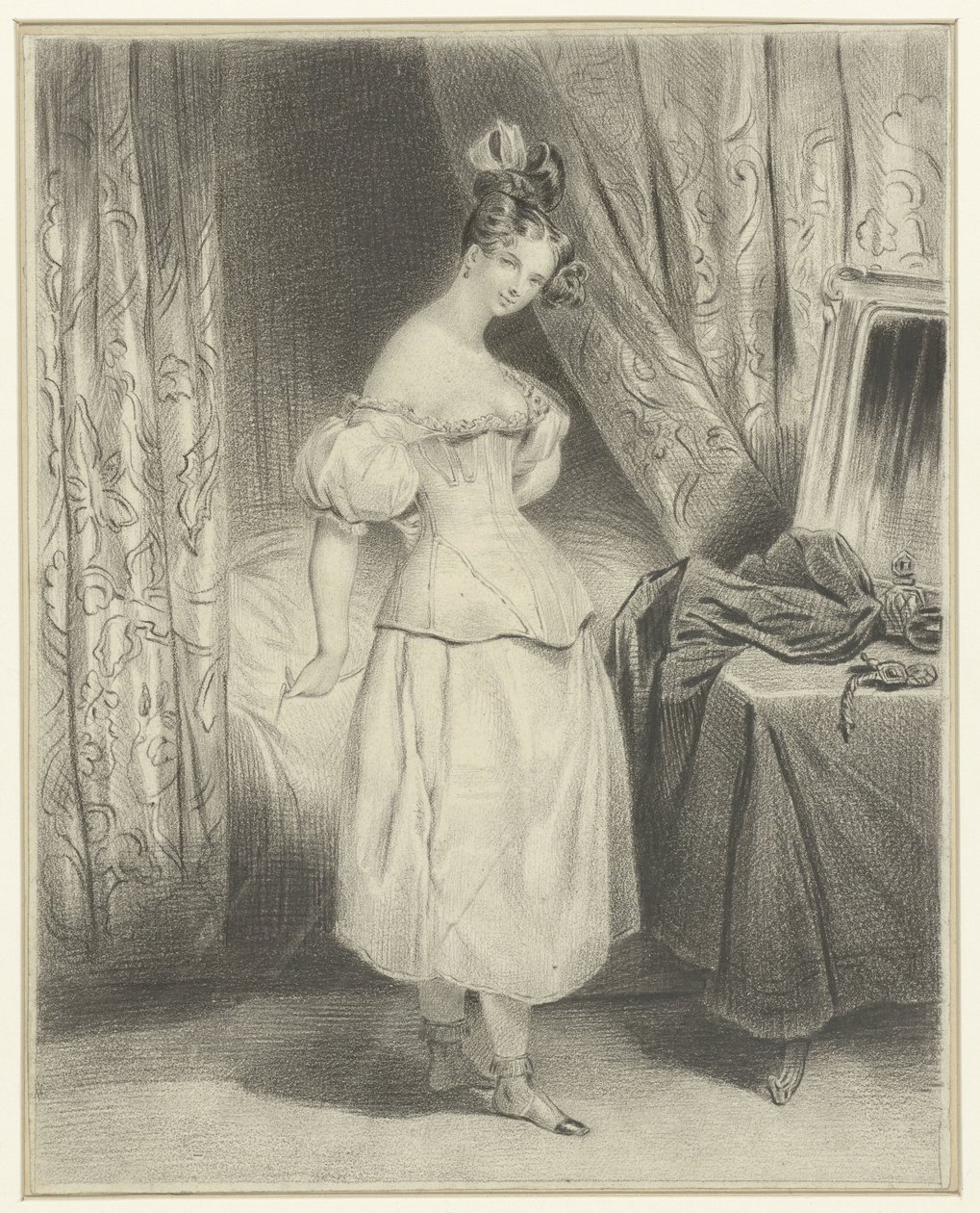 mujer joven, en, dormitorio, unlacing, ella, corsé, corpiño de Frederic Bouchot