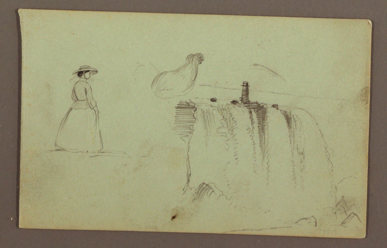 Una niña caminando, un pollo agachado y las Cataratas del Niágara de Frederic Edwin Church
