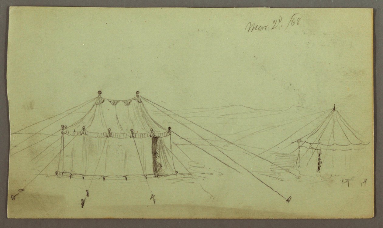 Dibujo, Una tienda oblonga decorada y una tienda circular sujeta con cuerdas, 2 de marzo de 1868 de Frederic Edwin Church
