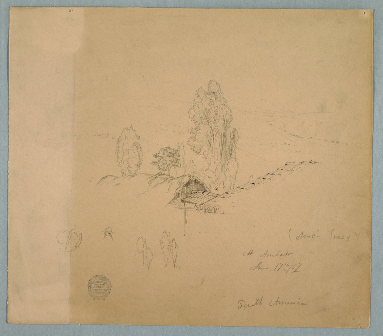 Dibujo, Un tejado de paja y otro de tejas con copas de árboles en un paisaje montañoso cerca del Chimborazo, Ambato, Ecuador, 17 de junio de 1857. de Frederic Edwin Church