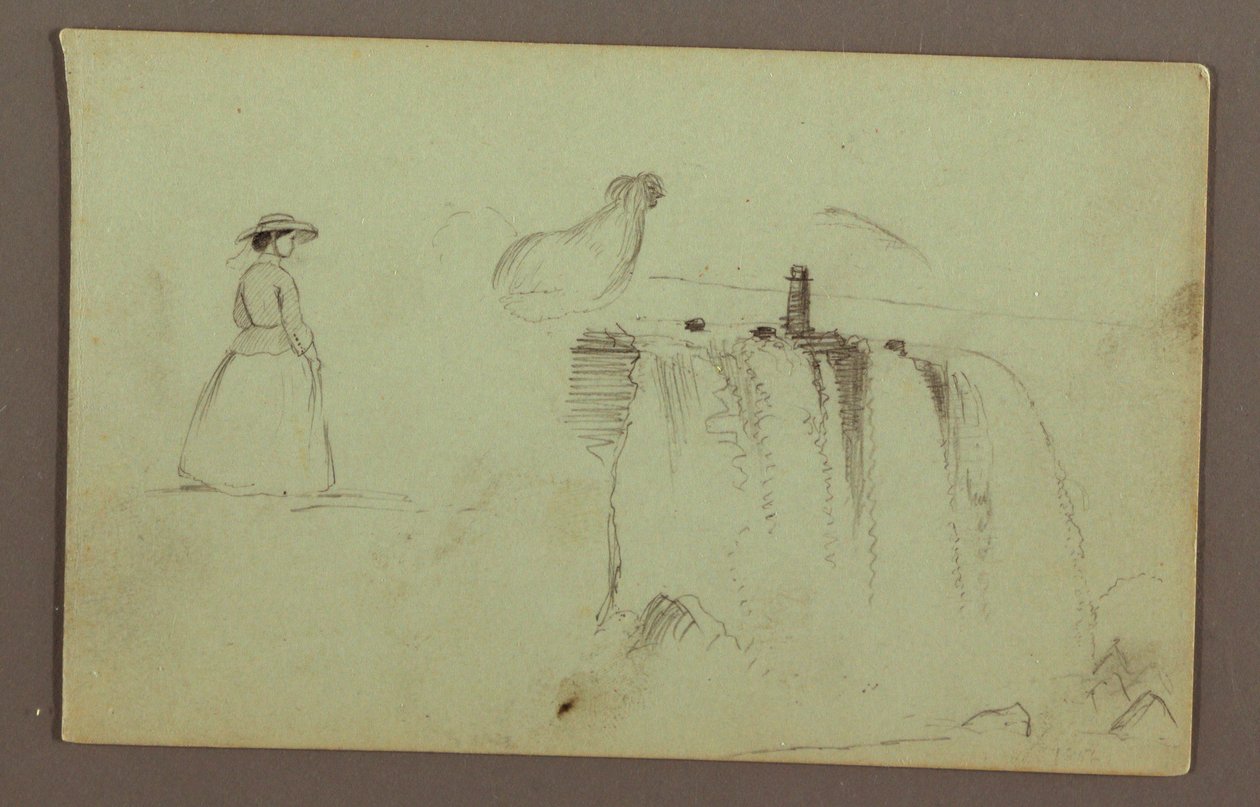 Dibujo, Una chica andando, un pollo agazapado y las cataratas americanas en el río Niágara, posiblemente 1856 de Frederic Edwin Church