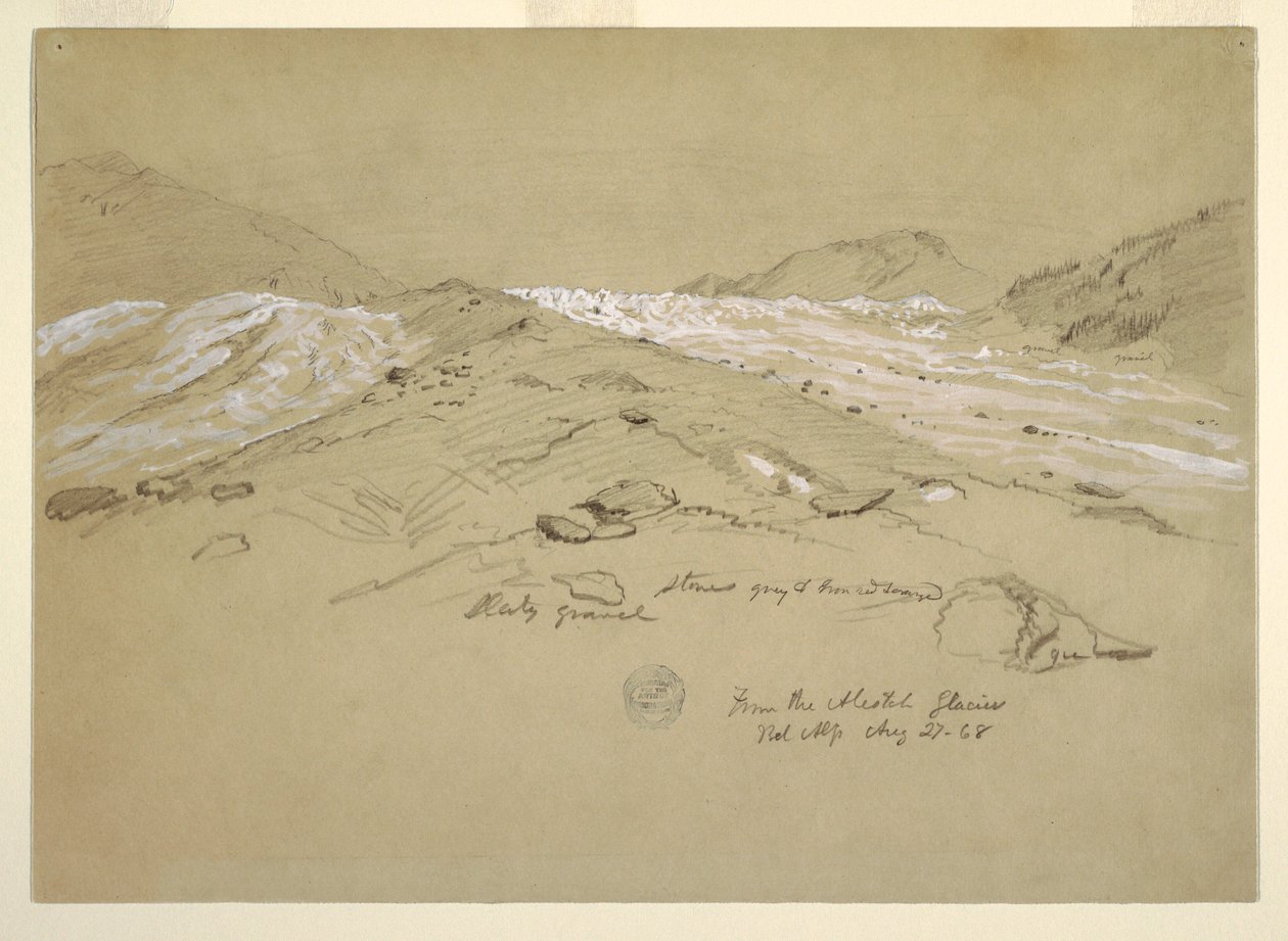 Dibujo, glaciar Aletsch, Alpes Berneses, Suiza, 28 de agosto de 1868 de Frederic Edwin Church