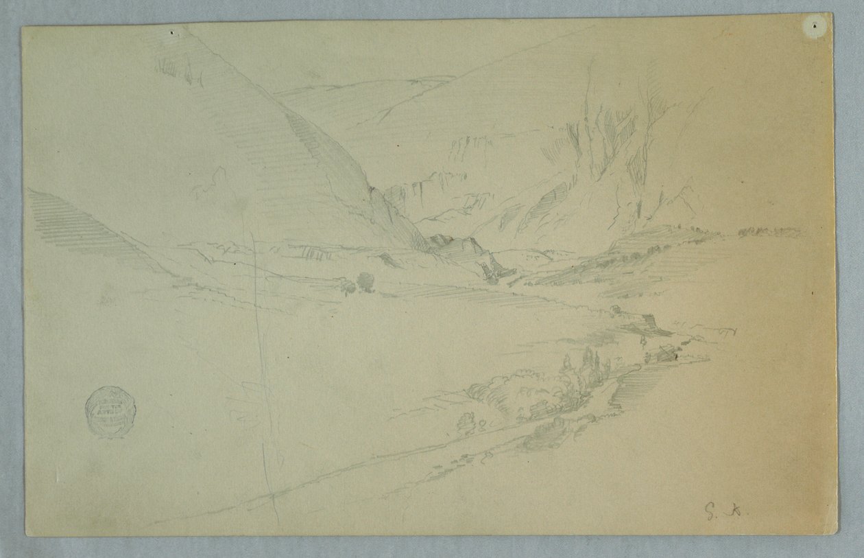 Dibujo, Valle montañoso andino con arroyo serpenteante, Colombia o Ecuador, 1857 de Frederic Edwin Church