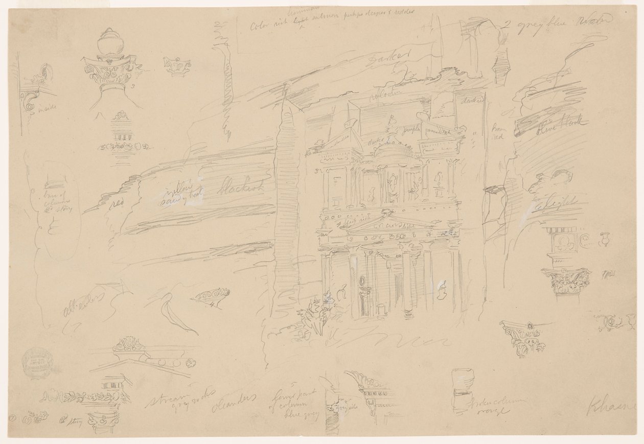 Dibujo, Detalles arquitectónicos de El Khasneh, Petra, finales de febrero de 1868 de Frederic Edwin Church