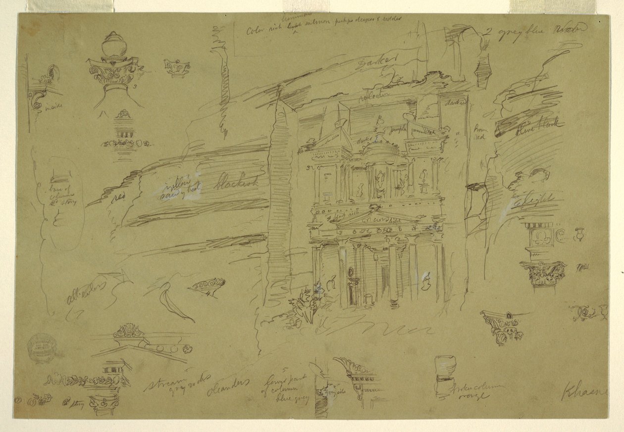Dibujo, Detalles arquitectónicos de El Khasneh, Petra, finales de febrero de 1868 de Frederic Edwin Church