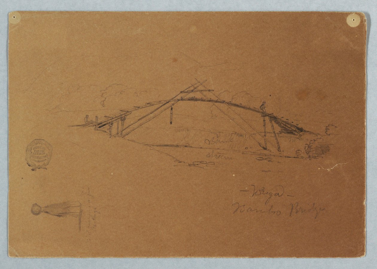Dibujo, Puente de bambú en Buga, Colombia y Niña cargando una jarra, Cartago, Colombia, julio de 1853. de Frederic Edwin Church