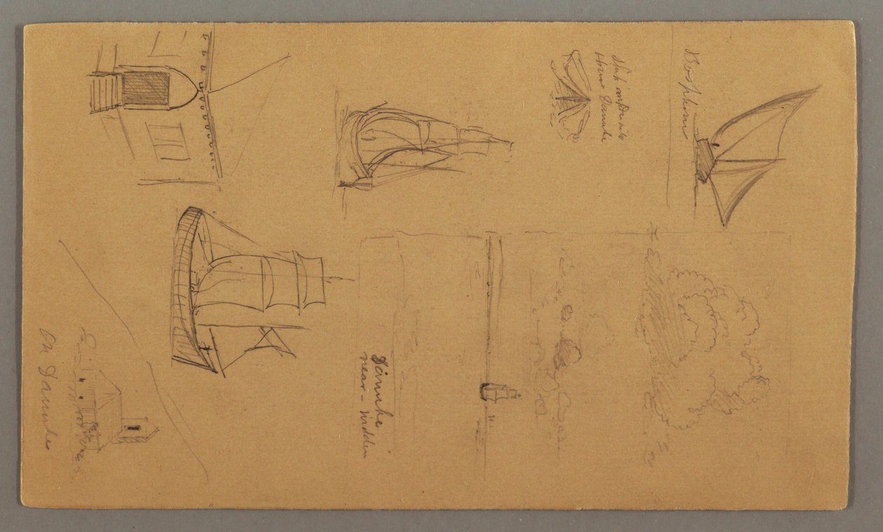 Dibujo, Estudios de barcos, Estudio de nubes, Dos edificios, posiblemente 1868 de Frederic Edwin Church