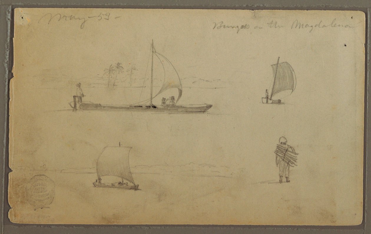 Dibujo, Bungoes: Bocetos de veleros y trabajadores, a lo largo del Río Magdalena, Colombia, mayo de 1853 de Frederic Edwin Church