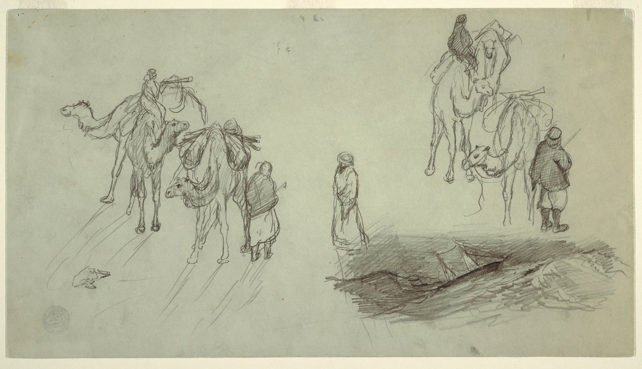 Dibujo, Camellos y jinetes; Sailbo, 1868 de Frederic Edwin Church