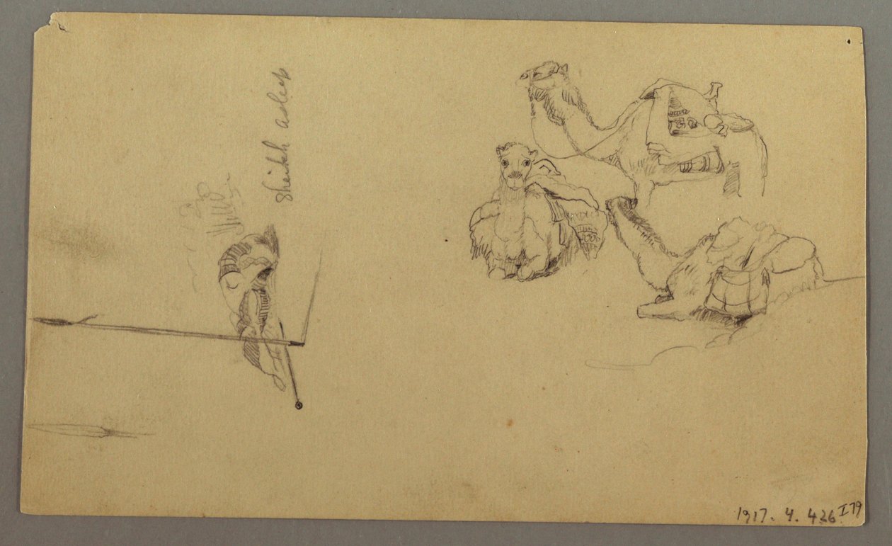 Dibujo, Camellos bebiendo en una colina, 22 de febrero, posiblemente 1868 de Frederic Edwin Church