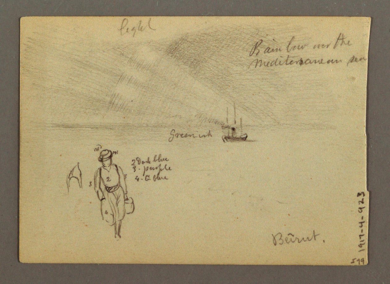 Dibujo, Castillo junto al agua, barco, árboles, posiblemente 1868 de Frederic Edwin Church
