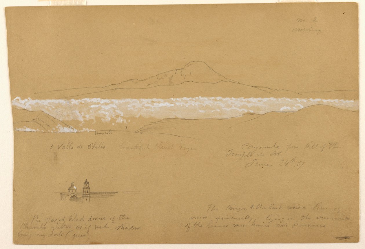 Dibujo, Cayambé, mañana, desde el Templo del Sol, Quito, 24 de junio de 1857 de Frederic Edwin Church