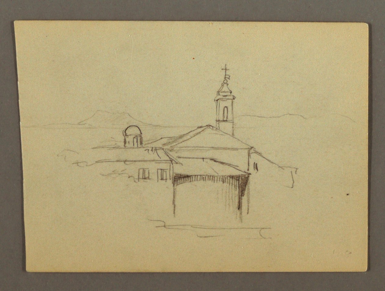 Dibujo, Torre de la iglesia contigua a los edificios, posiblemente 1868-69 de Frederic Edwin Church