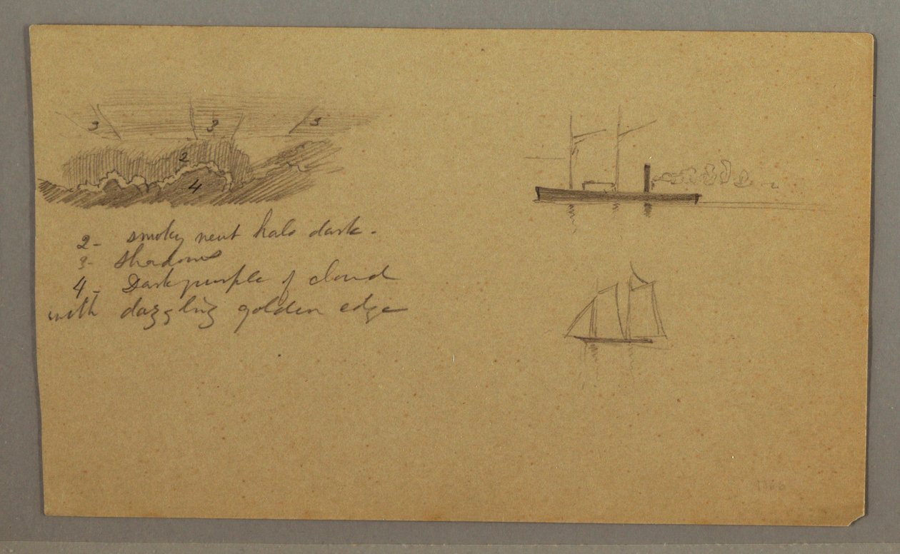 Dibujo, Estudio de nubes, barco de vapor, velero, posiblemente 1865-66 de Frederic Edwin Church