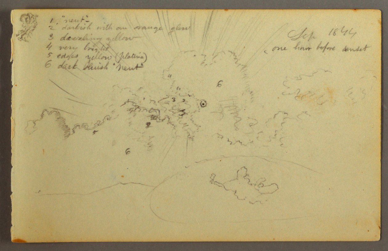 Dibujo, Estudio de nubes con el sol irrumpiendo, 1844 de Frederic Edwin Church