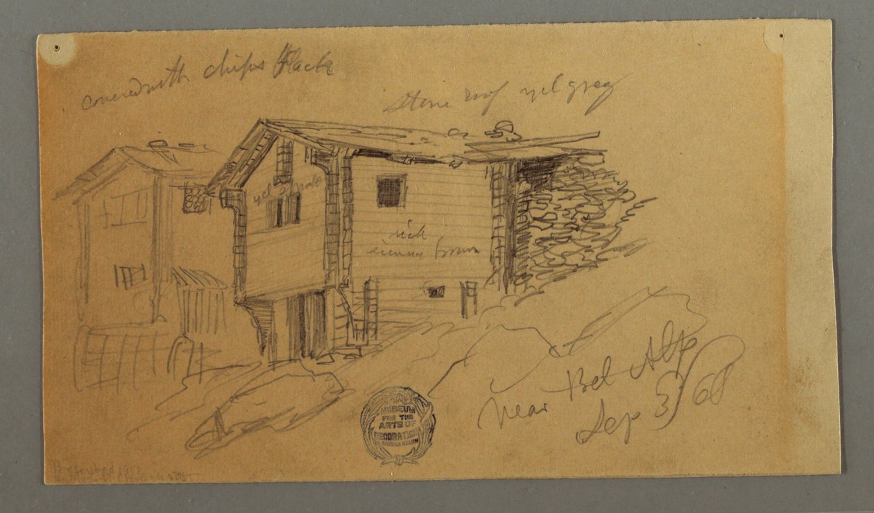 Dibujo, Detalles de cobertizos de montaña, casas y una roca, Alpes berneses, Suiza, 3 de septiembre de 1868 de Frederic Edwin Church