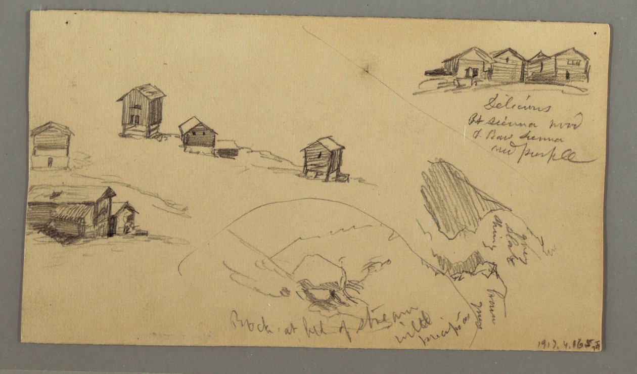 Dibujo, Detalles de cobertizos de montaña, casas y una roca, Alpes berneses, Suiza, 3 de septiembre de 1868 de Frederic Edwin Church