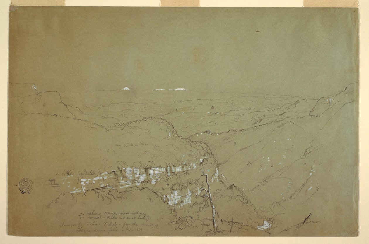 Dibujo, Vista lejana de los volcanes Tolima y Ruiz desde las cercanías del Salto del Tequendama, Colombia, junio de 1853 de Frederic Edwin Church