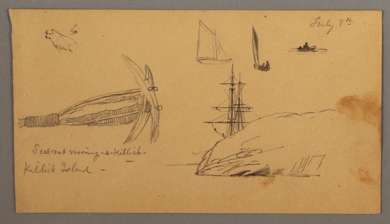 Dibujo, Perro, estudios de velero, ancla, acantilados, posiblemente 8 de julio de 1859 de Frederic Edwin Church