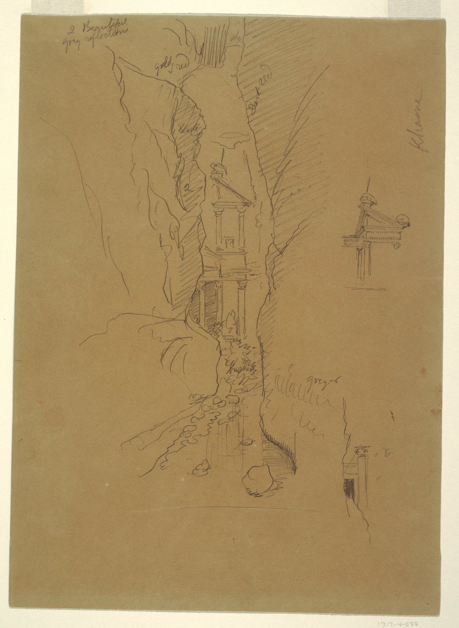 Dibujo, El Khasneh desde el Sik, Petra, finales de febrero de 1868 de Frederic Edwin Church