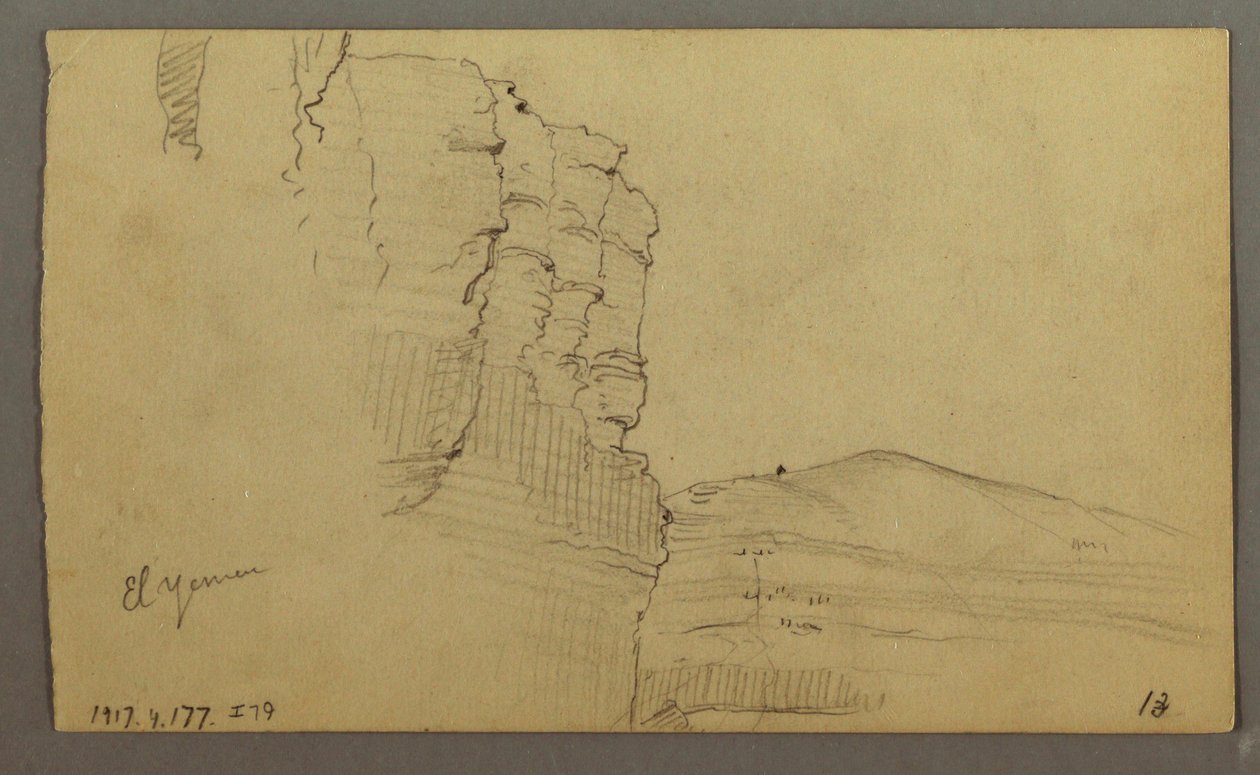Dibujo, Valle de El Yemen, Arabia: Pared rocosa cuya parte superior se asemeja a una hilera de columnas, 20 de febrero de 1868. de Frederic Edwin Church