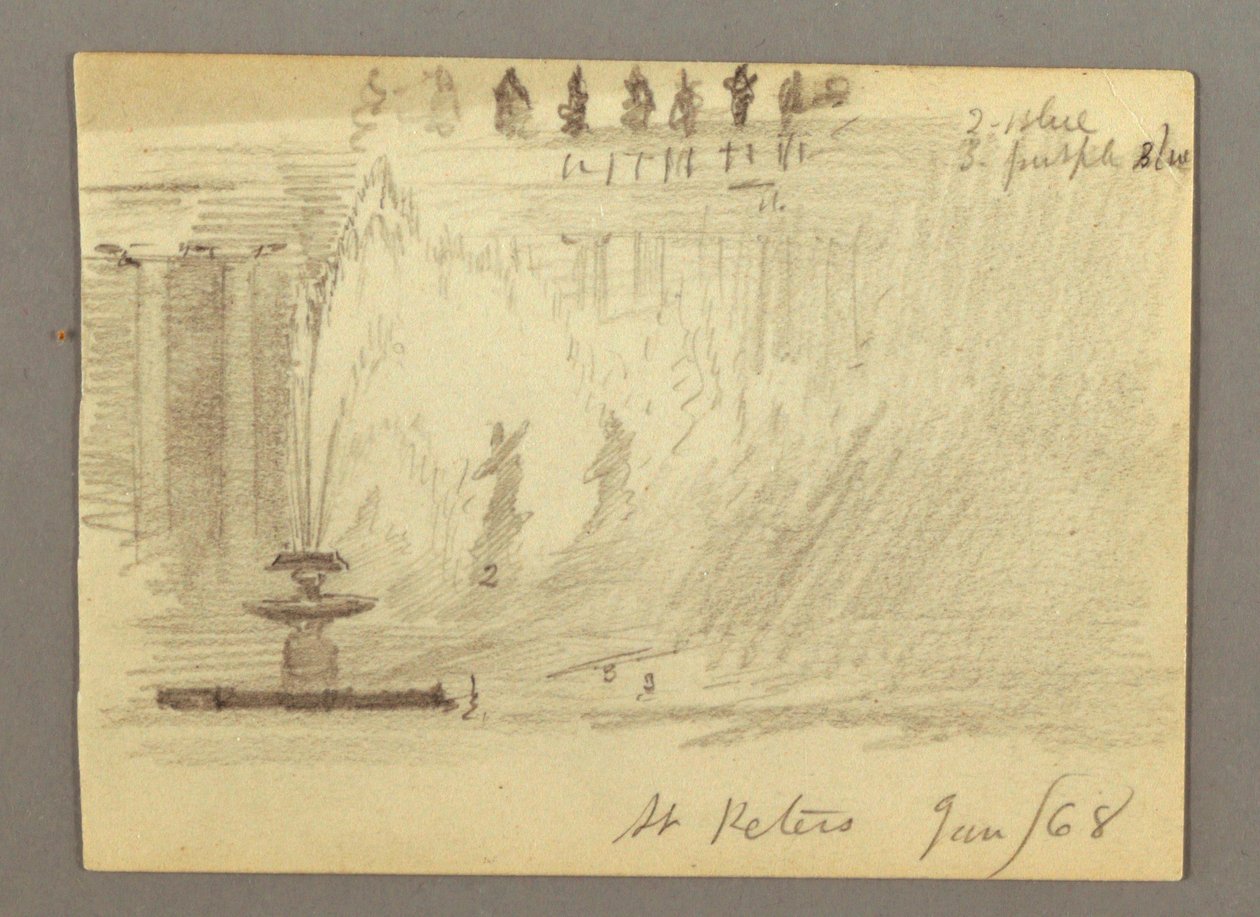 Dibujo, Fuente en la plaza de la Basílica de San Pedro, Roma, Italia, enero de 1868 de Frederic Edwin Church