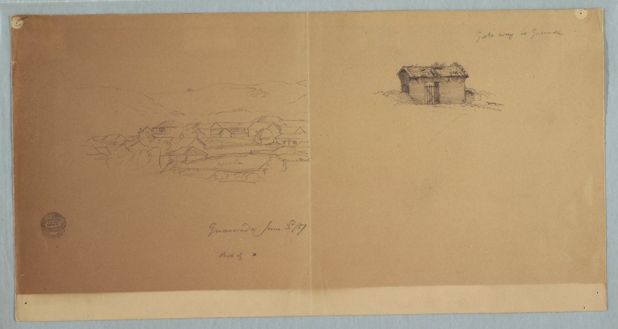 Dibujo, Portal y vista parcial de Guaranda, Ecuador, 3 de junio de 1857 de Frederic Edwin Church