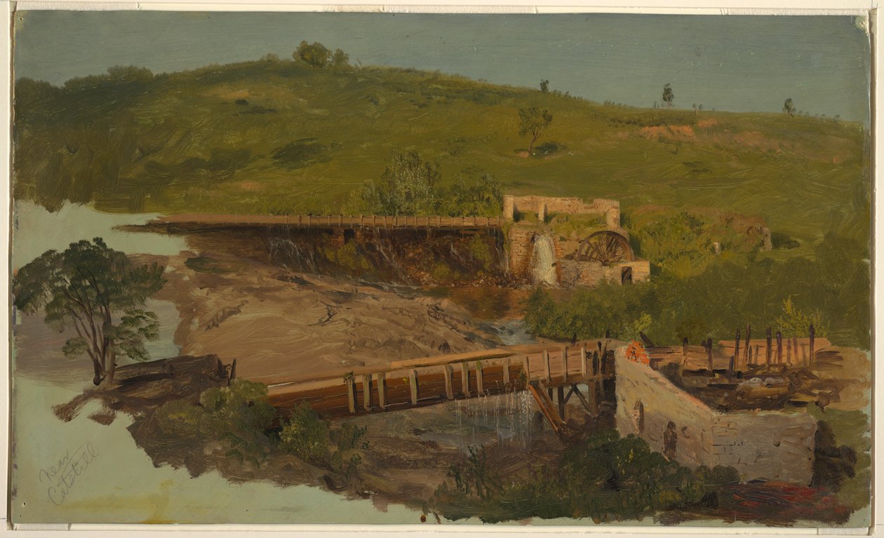 Dibujo, Colina con viaductos y molinos en ruinas, cerca de Catskill, Nueva York, ca. 1865 de Frederic Edwin Church