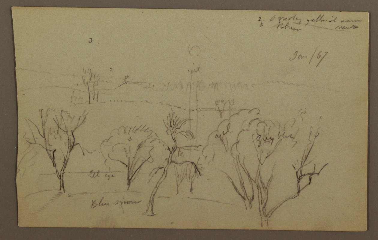 Dibujo, colinas, árboles, sol bajo, 1867 de Frederic Edwin Church