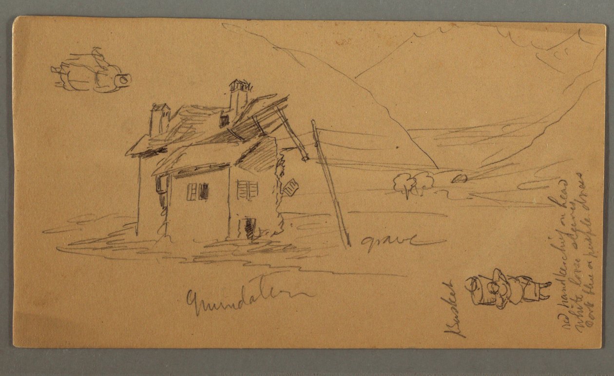 Dibujo, Hlaf-Ruined House in Valley, Two Figures, 1868 de Frederic Edwin Church