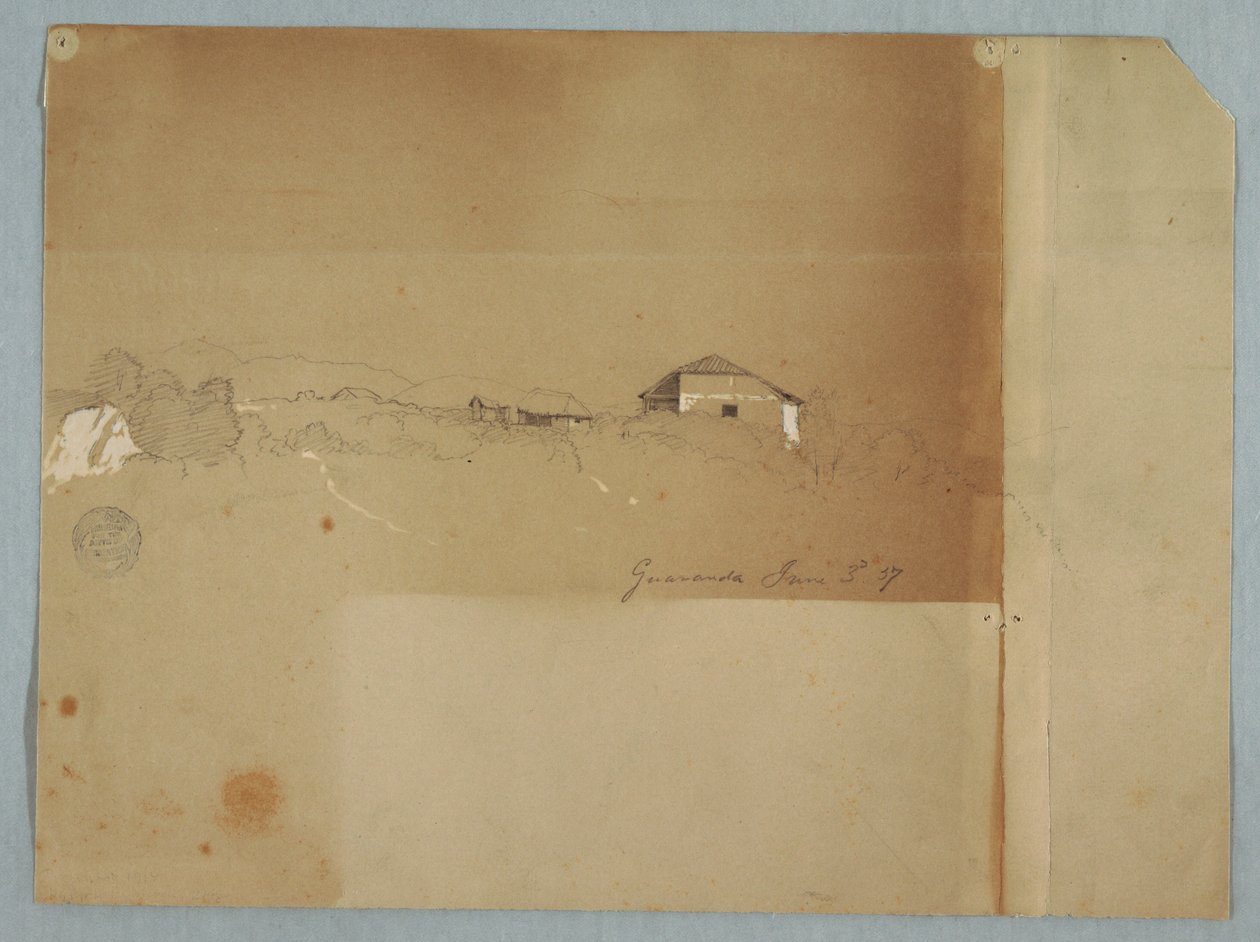 Dibujo, Casas cerca de una cascada en las montañas, Guaranda, Ecuador, 3 de junio de 1857 de Frederic Edwin Church