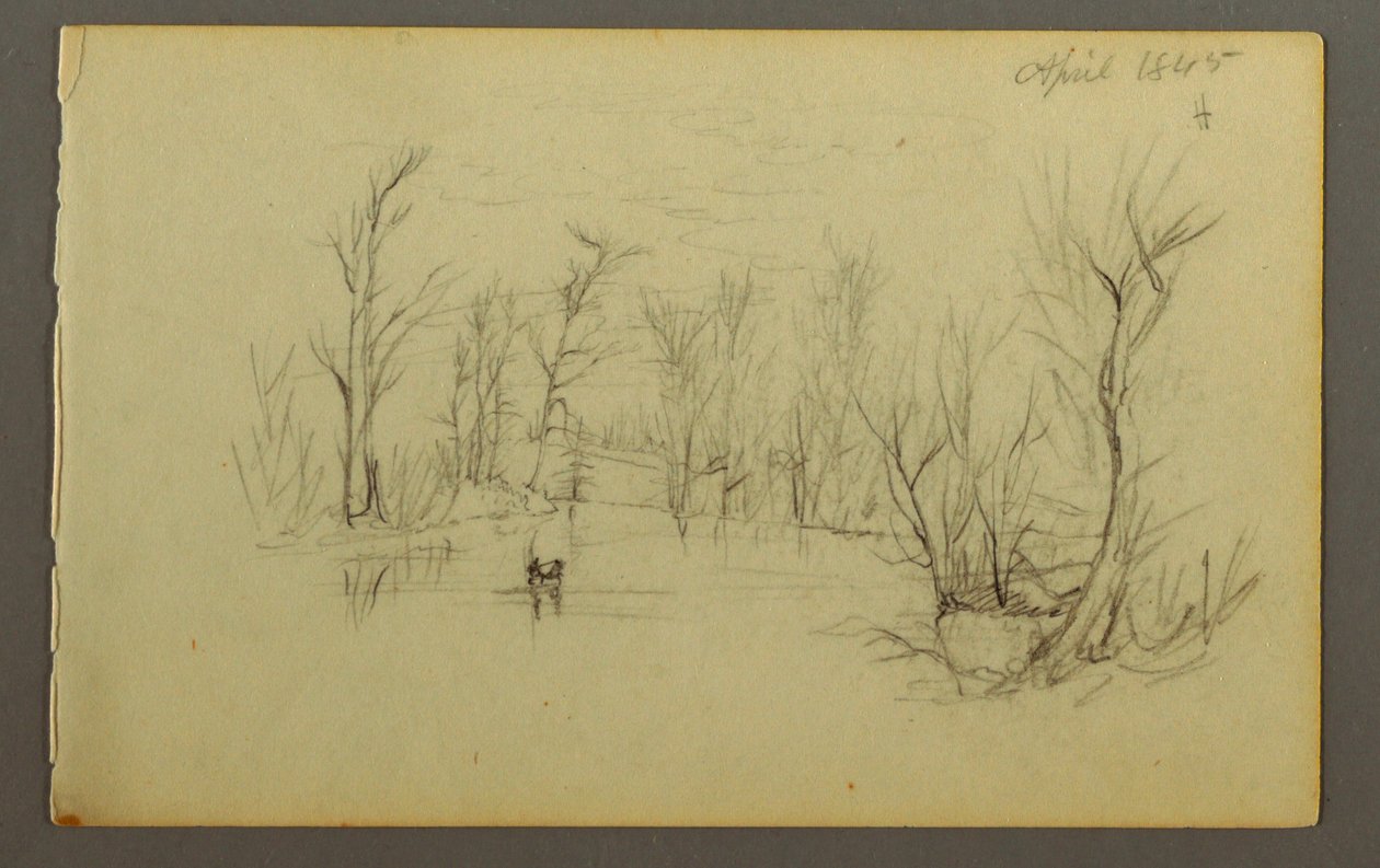 Dibujo, estanque Htakie (), dos personas en canoa, 1845 de Frederic Edwin Church