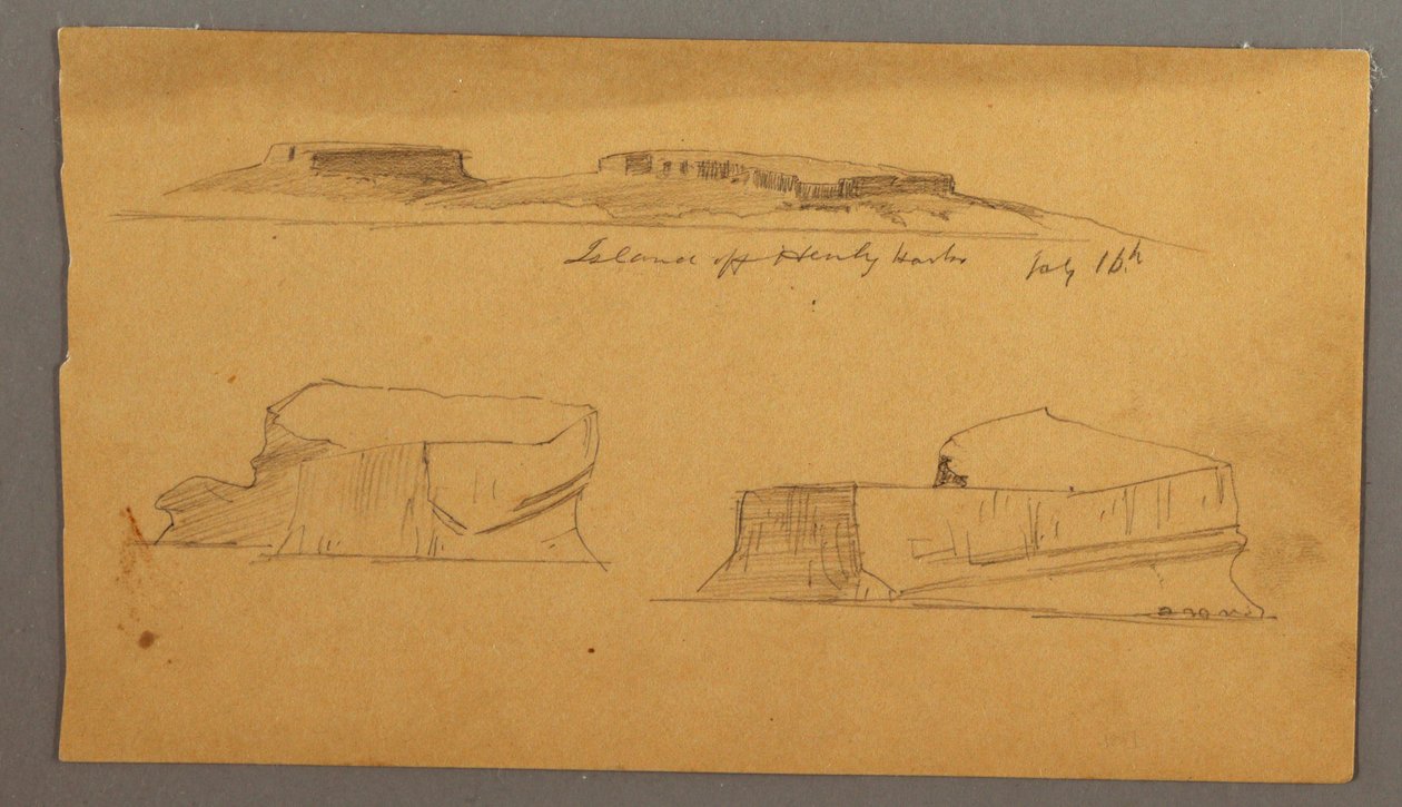 Dibujo, Isla frente al puerto de Henly y dos icebergs flotantes, 16 de julio de 1859 de Frederic Edwin Church