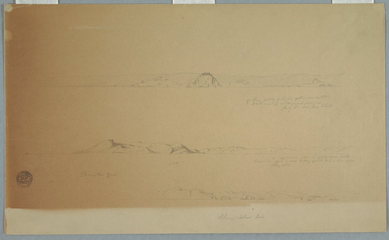 Dibujo, Paisaje cerca de la isla de Fogo, Brimstone, Head, Change Island Rocks, 2 de julio de 1869 de Frederic Edwin Church