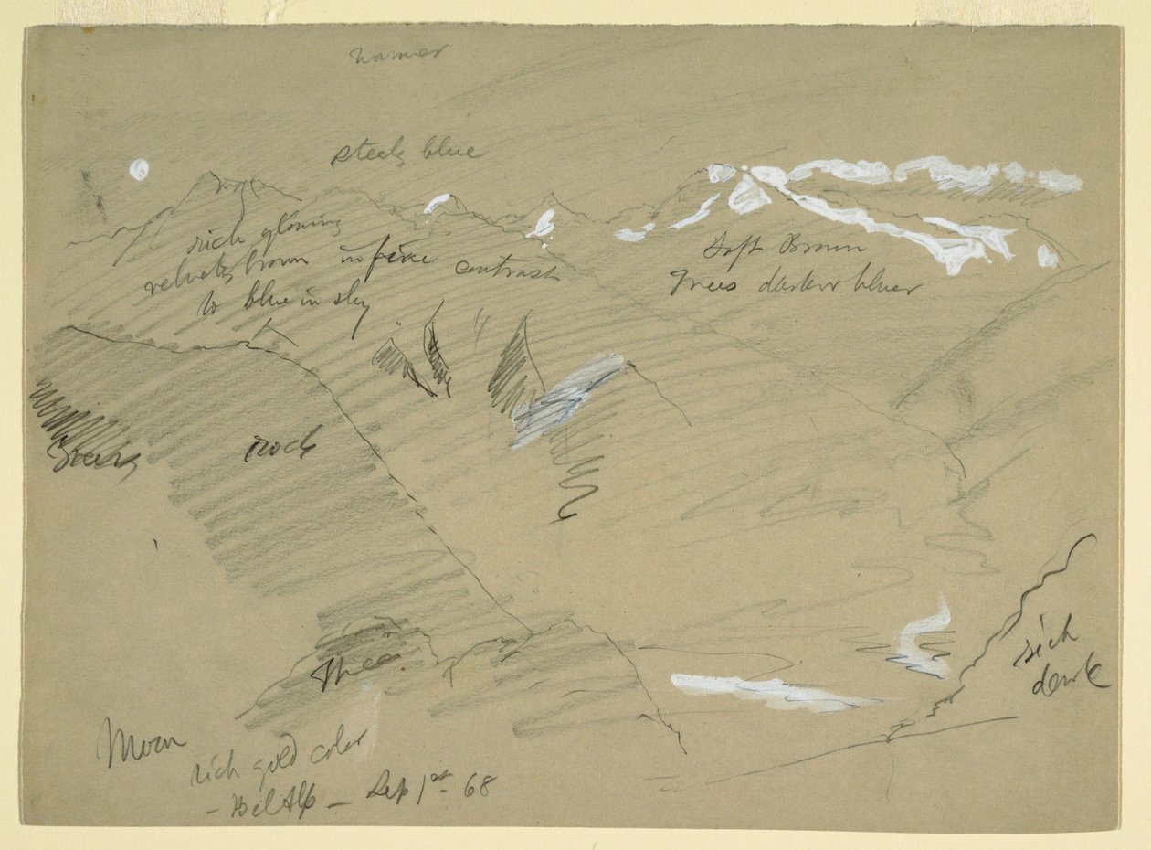 Dibujo, Paisajes en los Alpes berneses, cerca de Bel Alp, Suiza, septiembre de 1868 de Frederic Edwin Church