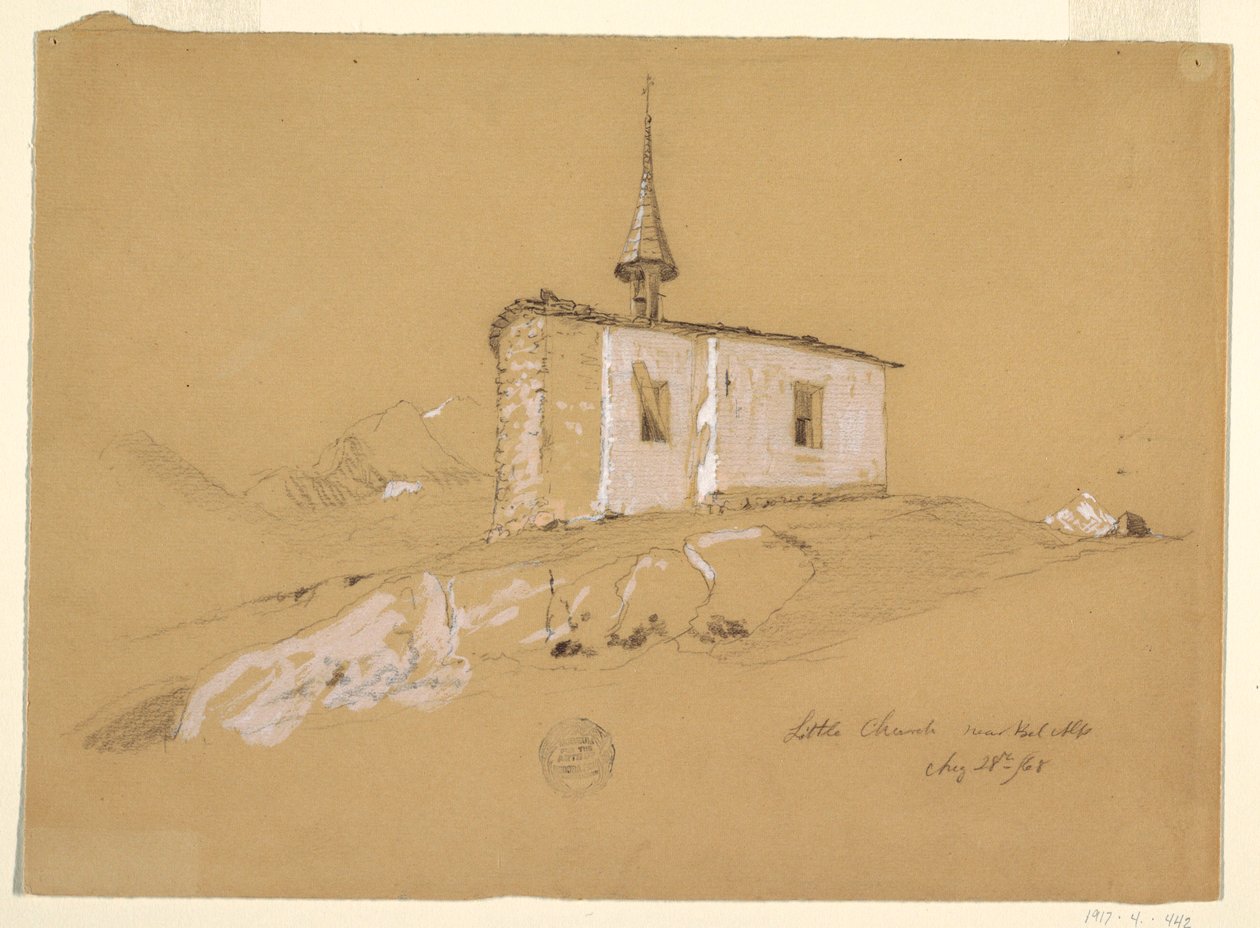 Dibujo, "Pequeña iglesia cerca de Bel Arp", Alpes berneses, Suiza, 28 de agosto de 1868 de Frederic Edwin Church