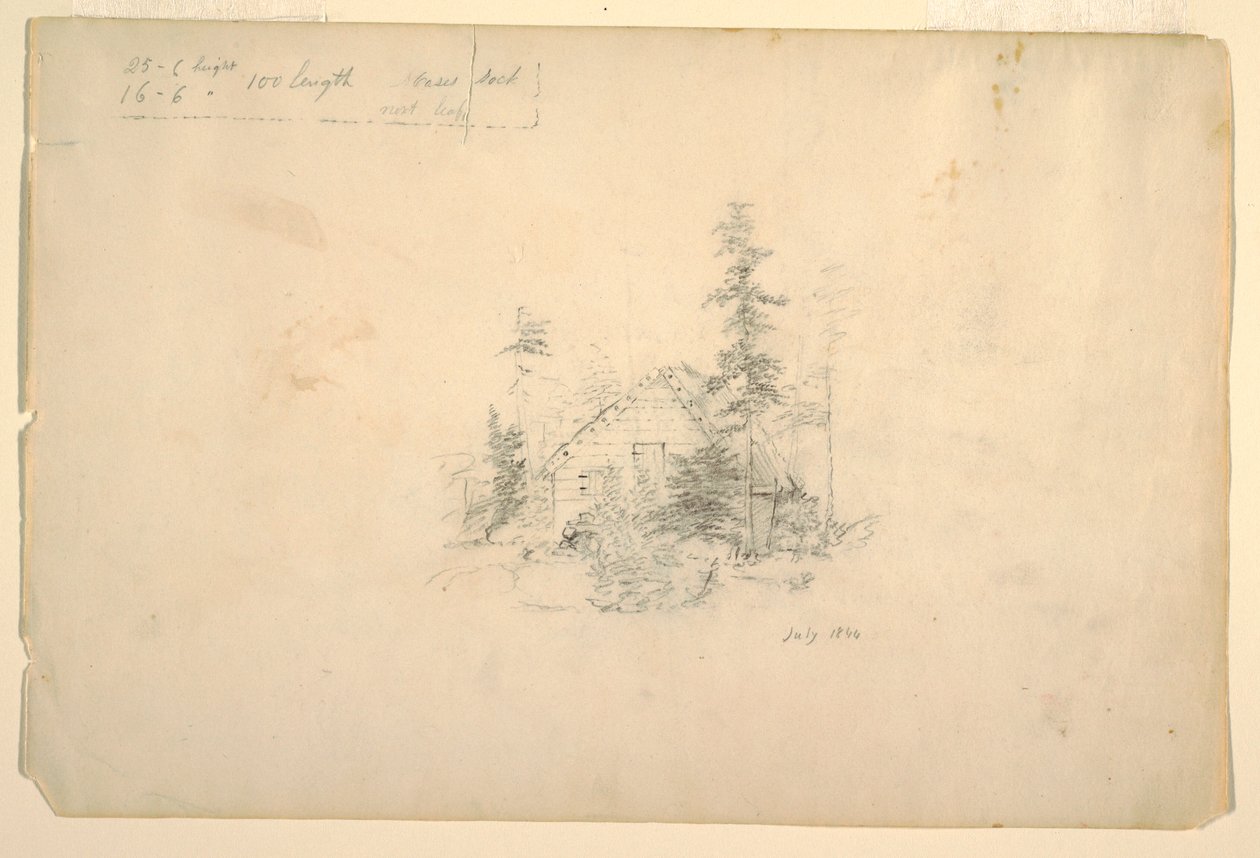 Dibujo, Cabaña de troncos rodeada de árboles, julio de 1844 de Frederic Edwin Church