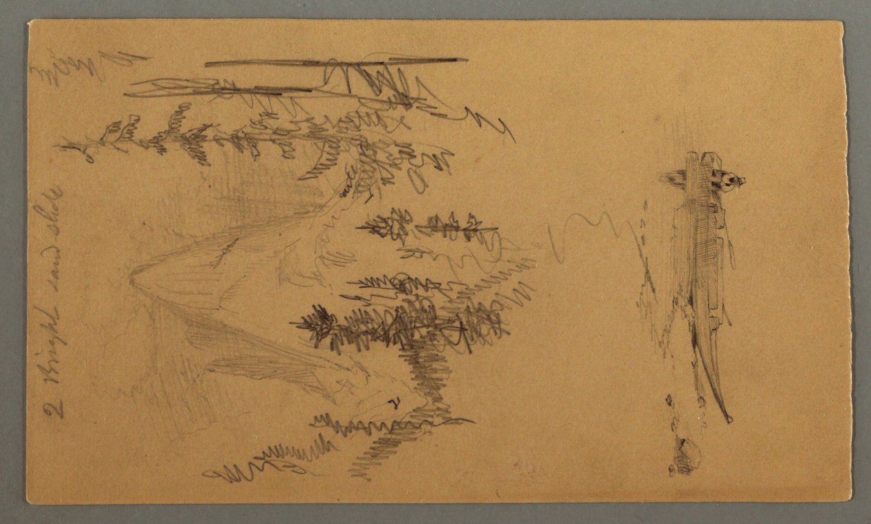 Dibujo, Hombre en una barca, Pico rocoso sobre pinos, posiblemente 1868 de Frederic Edwin Church