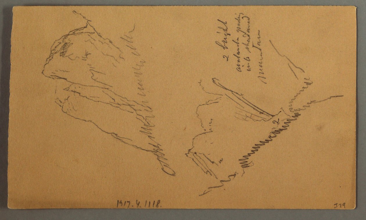 Dibujo, Hombre en una barca, Pico rocoso sobre pinos, posiblemente 1868 de Frederic Edwin Church