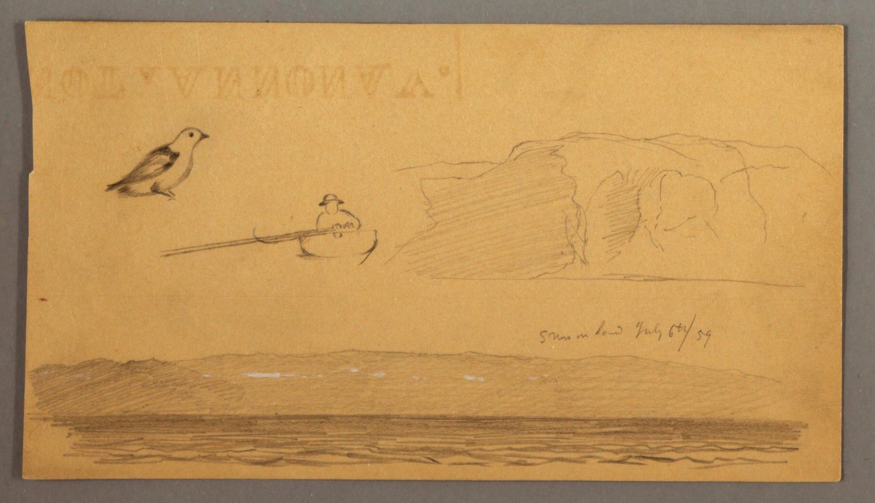 Dibujo, Hombre en barca, pájaro, acantilados, costa, 6 de julio de 1859 de Frederic Edwin Church