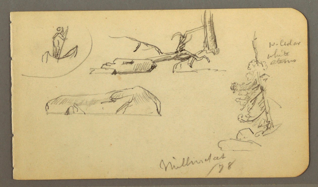 Dibujo, Hombre en barca, rocas, tronco de árbol, árboles, 1878 de Frederic Edwin Church