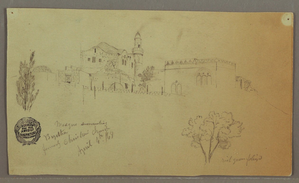 Dibujo, Mezquita y edificios adyacentes, árboles, 4 de abril de 1868 de Frederic Edwin Church