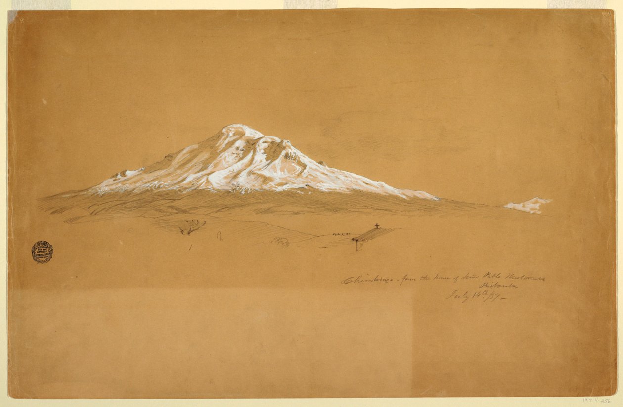 Dibujo, Monte Chimborazo desde la Casa del Senior Pablo Bustamante, Riobamba, Ecuador, 14 de julio de 1857. de Frederic Edwin Church