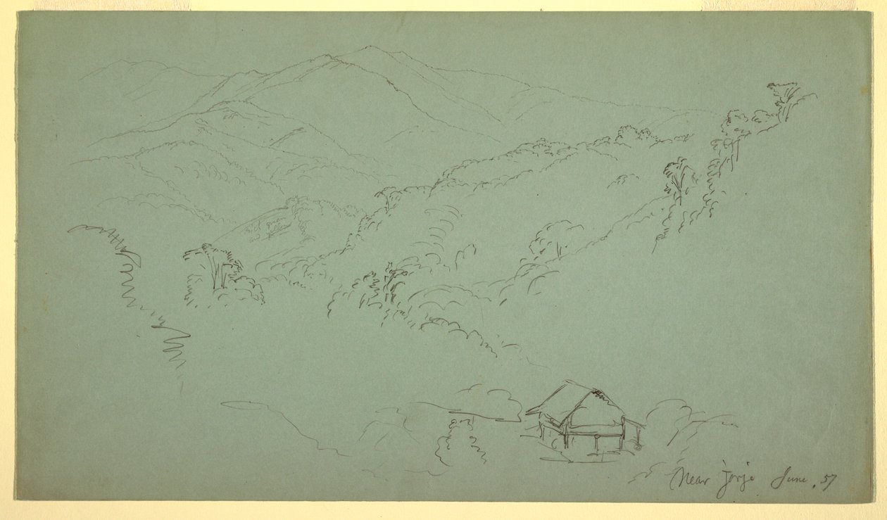 Dibujo, Paisaje montañoso, Casa, "cerca de Jorje", Ecuador, junio de 1857 de Frederic Edwin Church